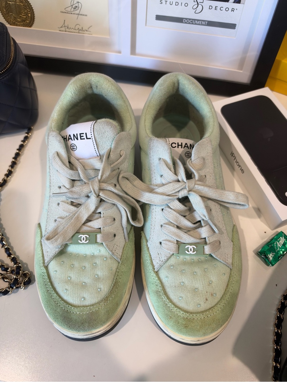Chanel Kids Mint Green Suede & Leather Sneakers